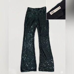 Zara Dark Emerald Sequin Flared Pants